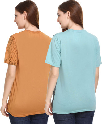 SHAUN Self Design Women Round Neck Orange, Light Blue, Grey T-Shirt