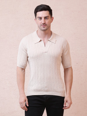 NOQUO Striped, Self Design Men Polo Neck Beige T-Shirt