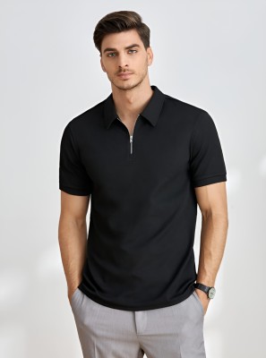 AJOLLI Solid Men Polo Neck Black T-Shirt