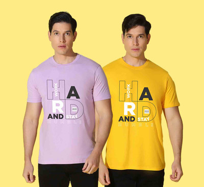 WOOSTRO Printed Men Round Neck Yellow, Purple T-Shirt