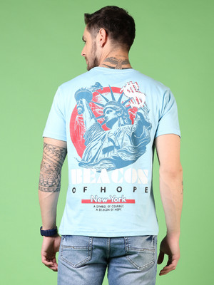 V-MART Printed Men Round Neck Blue T-Shirt