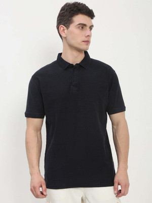 SHOWOFFFF Solid Men Polo Neck Navy Blue T-Shirt