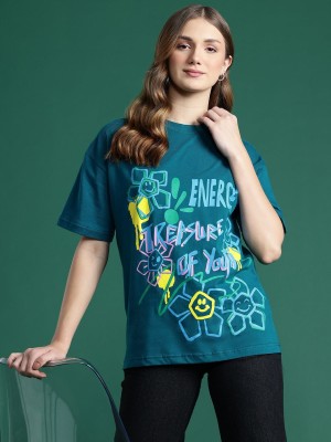 Dressberry Printed Women Round Neck Blue T-Shirt