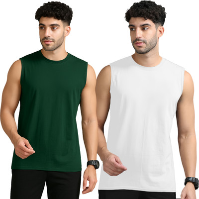 Moordale Solid Men Round Neck Dark Green, White T-Shirt