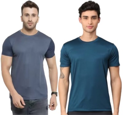 Lasmo Solid Men Round Neck Grey, Blue T-Shirt