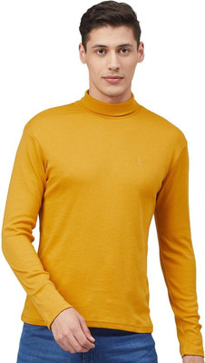 CHKOKKO Solid Men High Neck Yellow T-Shirt