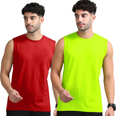 Adorbs Solid Men Round Neck Red, Green T-Shirt