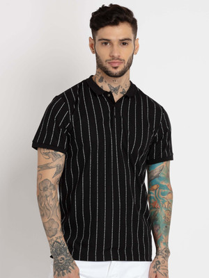 Status Quo Striped Men Polo Neck Black T-Shirt