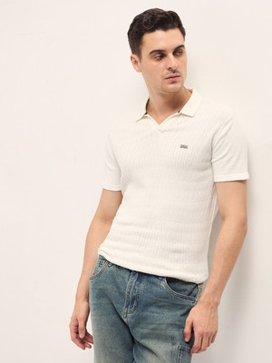 THE BEAR HOUSE Self Design Men Polo Neck White T-Shirt