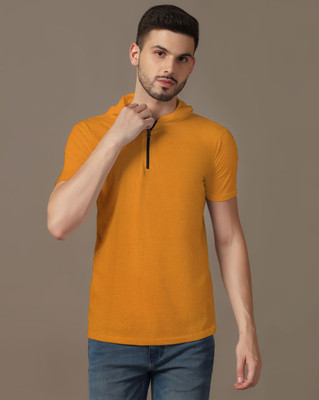 Blisstone Solid Men Hooded Neck Gold T-Shirt