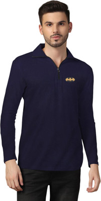 GEUM Self Design Men Polo Neck Dark Blue T-Shirt