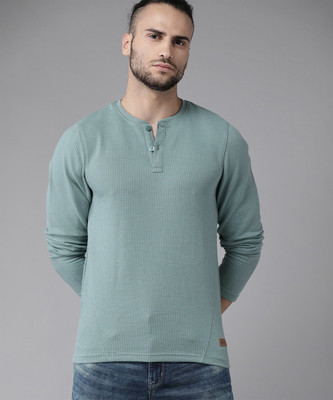 Roadster Self Design Men Henley Neck Light Green T-Shirt