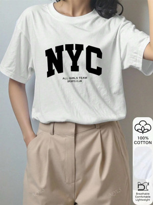 ELBATROSS Printed Women Round Neck White T-Shirt