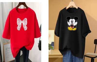 RAPTUROUS Printed Women Round Neck Red, Black T-Shirt