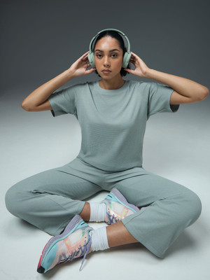 TECHNOSPORT Self Design Women Round Neck Grey T-Shirt