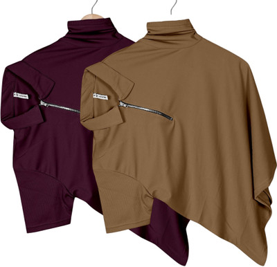 PRAIZY Self Design Men Zip Neck Brown, Purple T-Shirt