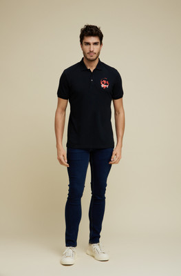 Celio Typography, Printed Men Polo Neck Black T-Shirt