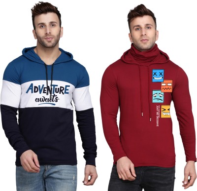 SLOWLORIS Printed Men Hooded Neck Dark Blue, Maroon T-Shirt