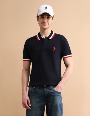 U.S. POLO ASSN. Striped Men Polo Neck Dark Blue T-Shirt
