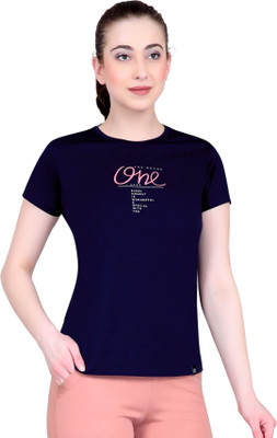 Lactra Graphic Print Women Round Neck Navy Blue T-Shirt