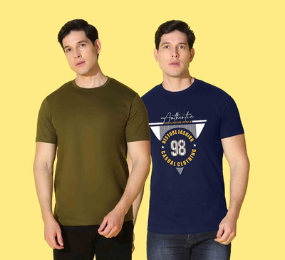 WOOSTRO Printed Men Round Neck Brown, Dark Blue T-Shirt