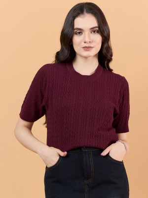 CLAPTON Self Design Women Round Neck Maroon T-Shirt