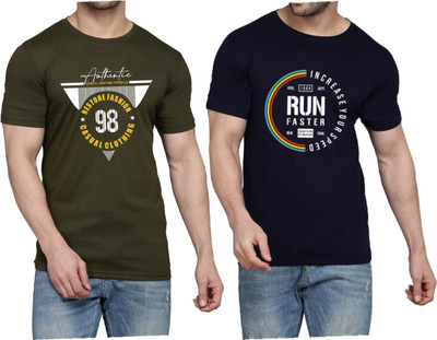 WOOSTRO Printed Men Round Neck Dark Green, Dark Blue T-Shirt