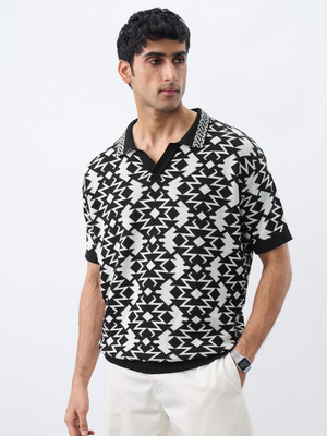 The Souled Store Printed Men Polo Neck Black T-Shirt