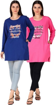 DALPHIN MODA Printed Women Round Neck Dark Blue, Pink T-Shirt