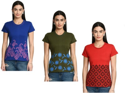 KAVYA Printed Women Round Neck Blue, Green, Red T-Shirt