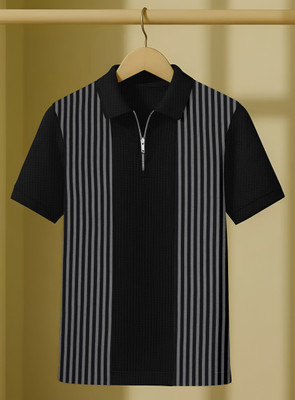 KAJARU Striped Men Zip Neck Black, Grey T-Shirt