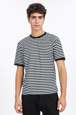 PEELY Striped Men Round Neck Grey, Black T-Shirt