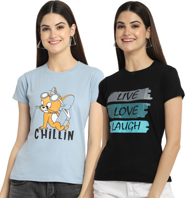 Fabflee Printed Women Round Neck Multicolor T-Shirt