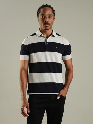 TOMMY HILFIGER Striped Men Polo Neck Grey T-Shirt