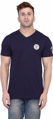 GEUM Graphic Print Men V Neck Dark Blue T-Shirt