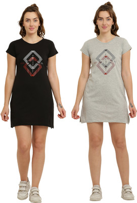 Priya Point Women T Shirt Black, Grey Above Knee/Mid Thigh Length Dress