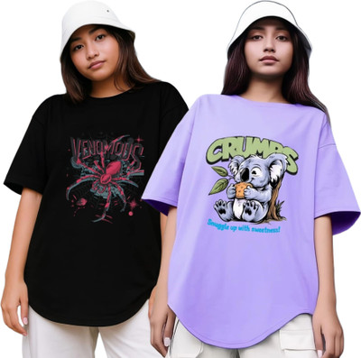 R S Fashion Printed Women Round Neck Black, Purple T-Shirt