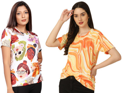 Apachee Washed/Ombre Women Round Neck Multicolor T-Shirt