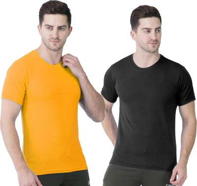 Stair Solid Men Round Neck Black, Yellow T-Shirt