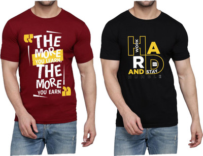 WOOSTRO Printed Men Round Neck Maroon, Black T-Shirt