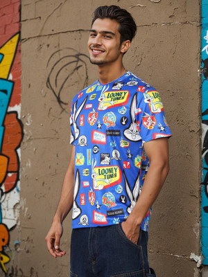 The Indian Garage Co. Printed Men Crew Neck Blue T-Shirt