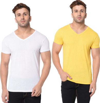 Adorbs Trend Solid Men V Neck White, Yellow T-Shirt