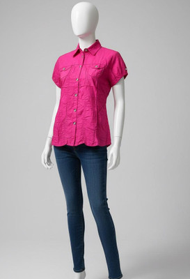 Fashion Point Solid Women Mandarin Collar Pink T-Shirt