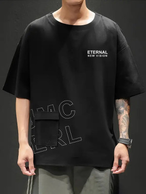 Jump Cuts Typography Men Round Neck Black T-Shirt
