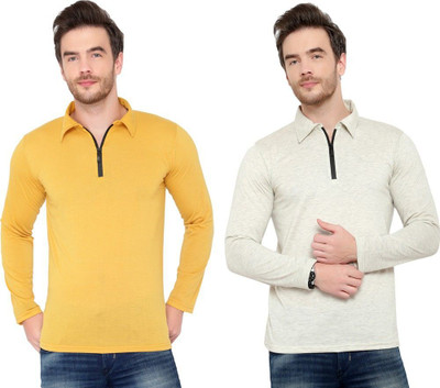 JB Jangoboy Solid Men Polo Neck Gold, Grey T-Shirt