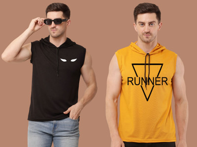 Mundali Printed Men Hooded Neck Black, Yellow T-Shirt
