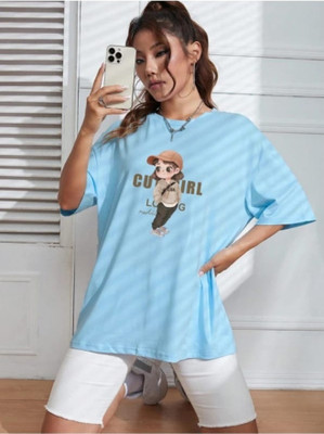 FDS Graphic Print Women Round Neck Blue T-Shirt