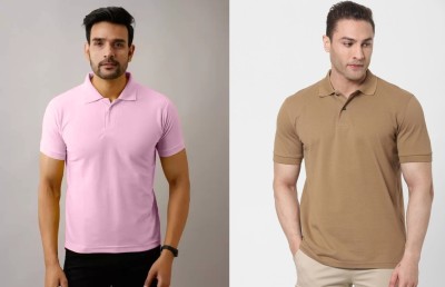 Silver Swan Solid Men Polo Neck Pink, Beige T-Shirt