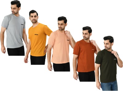 Indistar Solid Men Round Neck Black, Orange, Grey T-Shirt