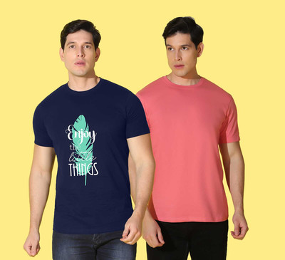 WOOSTRO Printed, Typography, Solid Men Round Neck Blue, Pink T-Shirt